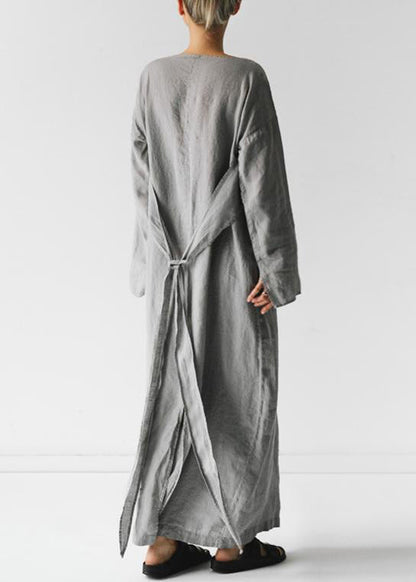 New Grey Tie Waist Cotton Long Dress Long Sleeve Ff042