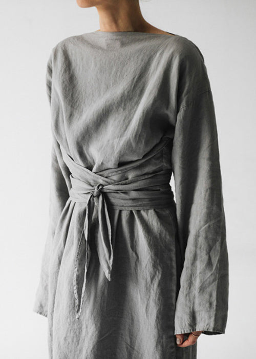 New Grey Tie Waist Cotton Long Dress Long Sleeve Ff042