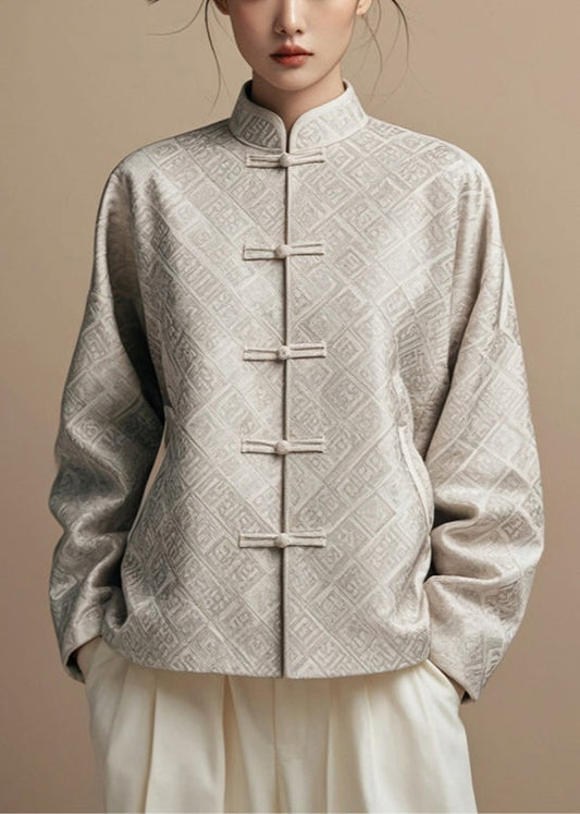 New Grey Stand Collar Print Cotton Coat Fall Ag1036