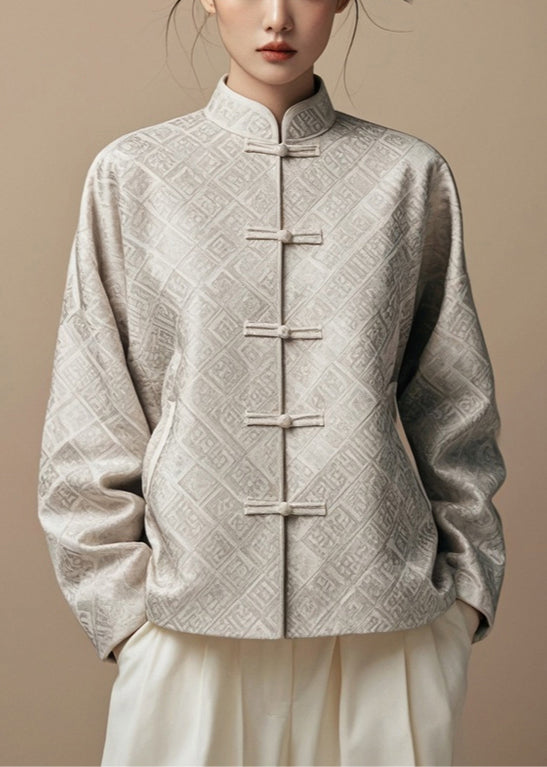 New Grey Stand Collar Print Cotton Coat Fall Ag1036