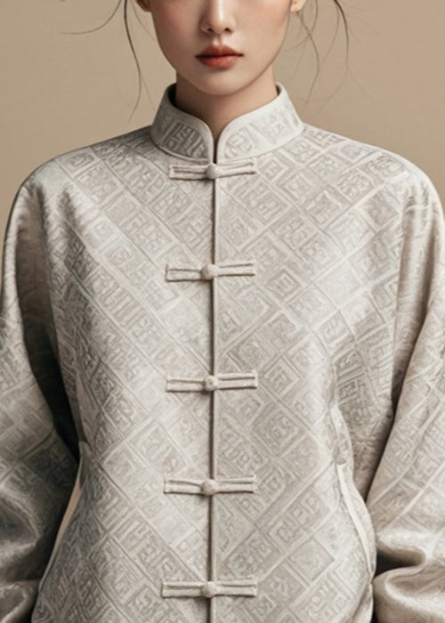 New Grey Stand Collar Print Cotton Coat Fall Ag1036