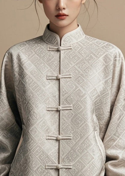 New Grey Stand Collar Print Cotton Coat Fall Ag1036