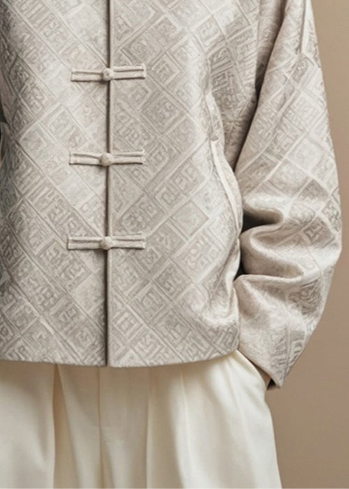 New Grey Stand Collar Print Cotton Coat Fall Ag1036