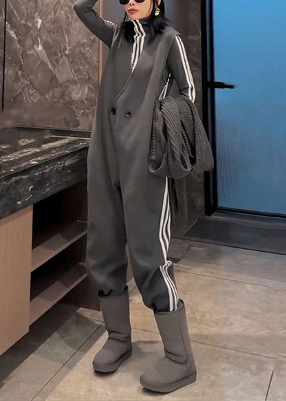 New Grey Striped Button Tops and Jumpsuit Cotton Two Pieces Set Spring Yw029