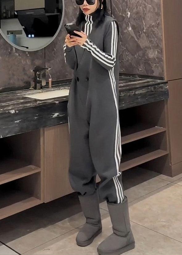 New Grey Striped Button Tops and Jumpsuit Cotton Two Pieces Set Spring Yw029