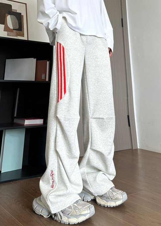 New Grey Striped Pockets Cotton Pants Long Fall Wa034