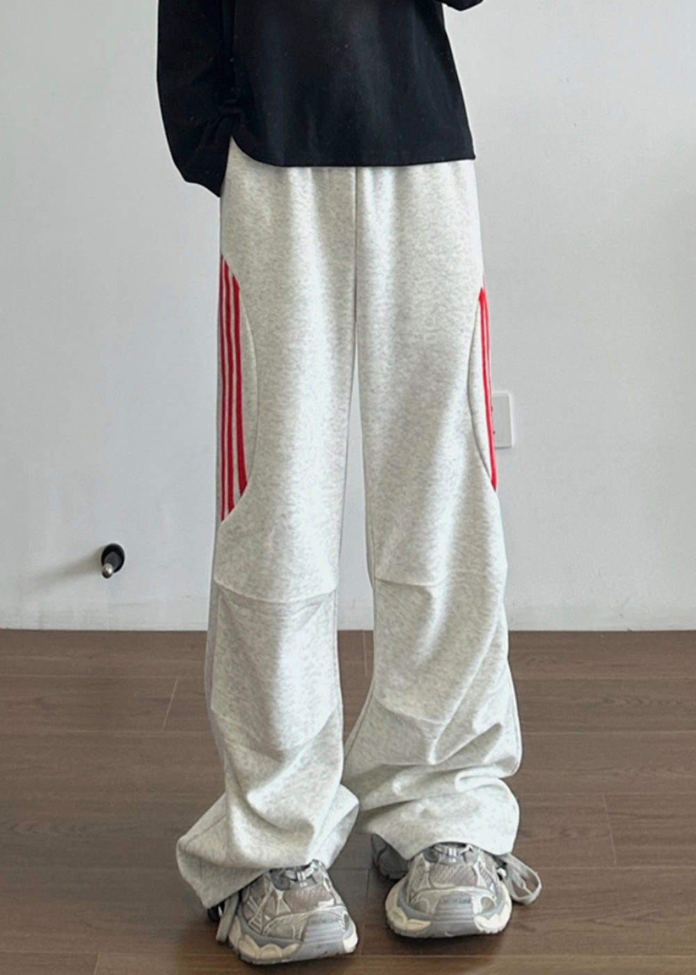 New Grey Striped Pockets Cotton Pants Long Fall Wa034