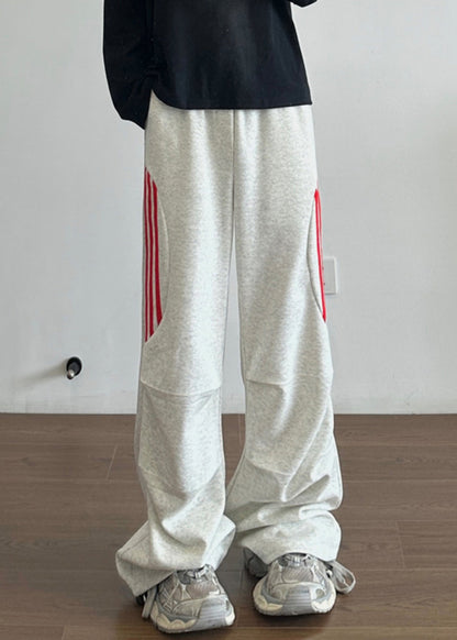 New Grey Striped Pockets Cotton Pants Long Fall Wa034