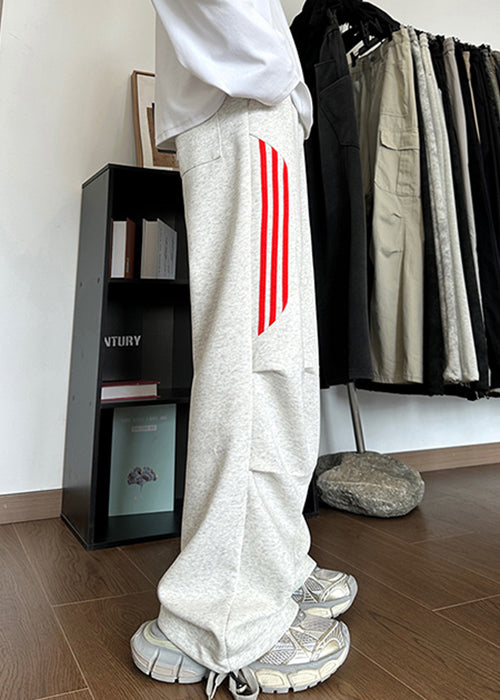 New Grey Striped Pockets Cotton Pants Long Fall Wa034