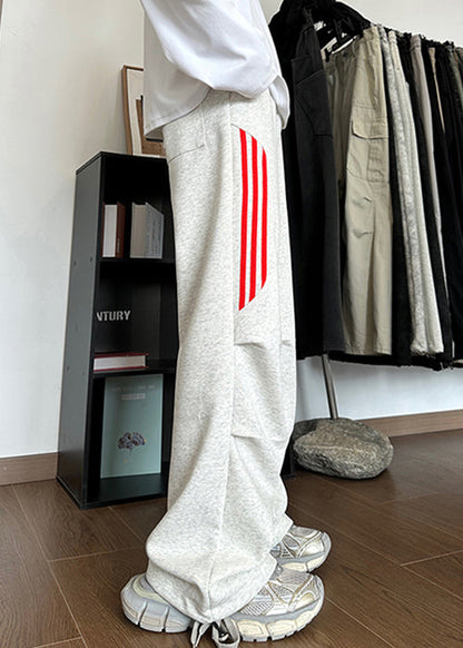 New Grey Striped Pockets Cotton Pants Long Fall Wa034