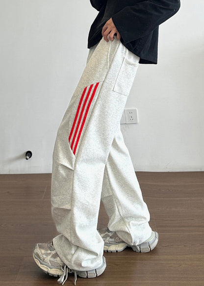 New Grey Striped Pockets Cotton Pants Long Fall Wa034