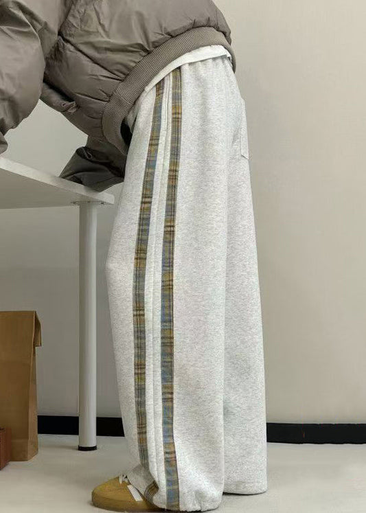 New Grey Striped Pockets Warm Fleece Wide Leg Pants Spring Rm057