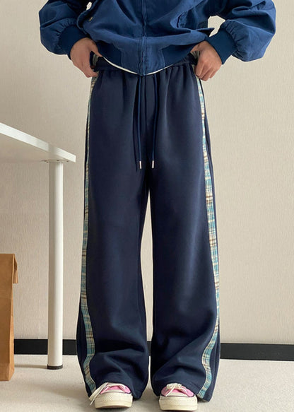 New Grey Striped Pockets Warm Fleece Wide Leg Pants Spring Rm057