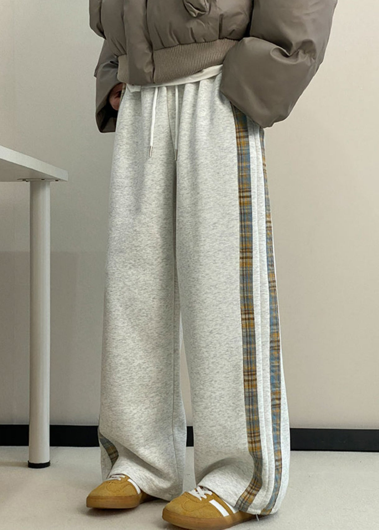 New Grey Striped Pockets Warm Fleece Wide Leg Pants Spring Rm057