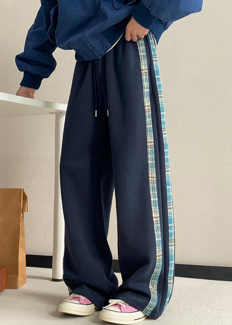 New Grey Striped Pockets Warm Fleece Wide Leg Pants Spring Rm057