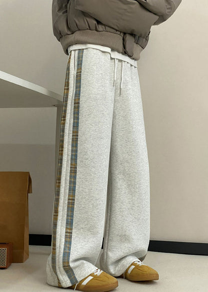 New Grey Striped Pockets Warm Fleece Wide Leg Pants Spring Rm057