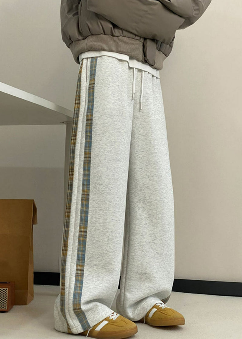 New Grey Striped Pockets Warm Fleece Wide Leg Pants Spring Rm057