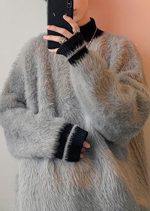 New Grey Turtleneck Patchwork Mink Velvet Sweaters Winter Rc034