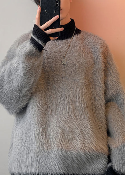New Grey Turtleneck Patchwork Mink Velvet Sweaters Winter Rc034