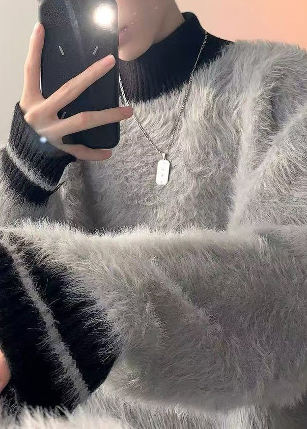 New Grey Turtleneck Patchwork Mink Velvet Sweaters Winter Rc034