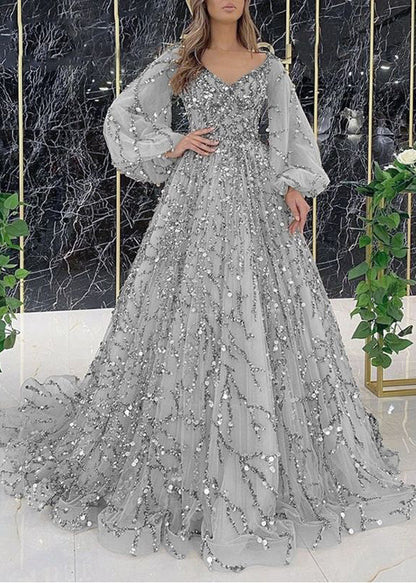 New Grey V Neck Nail Bead Tulle Maxi Dresses Spring Ww1052