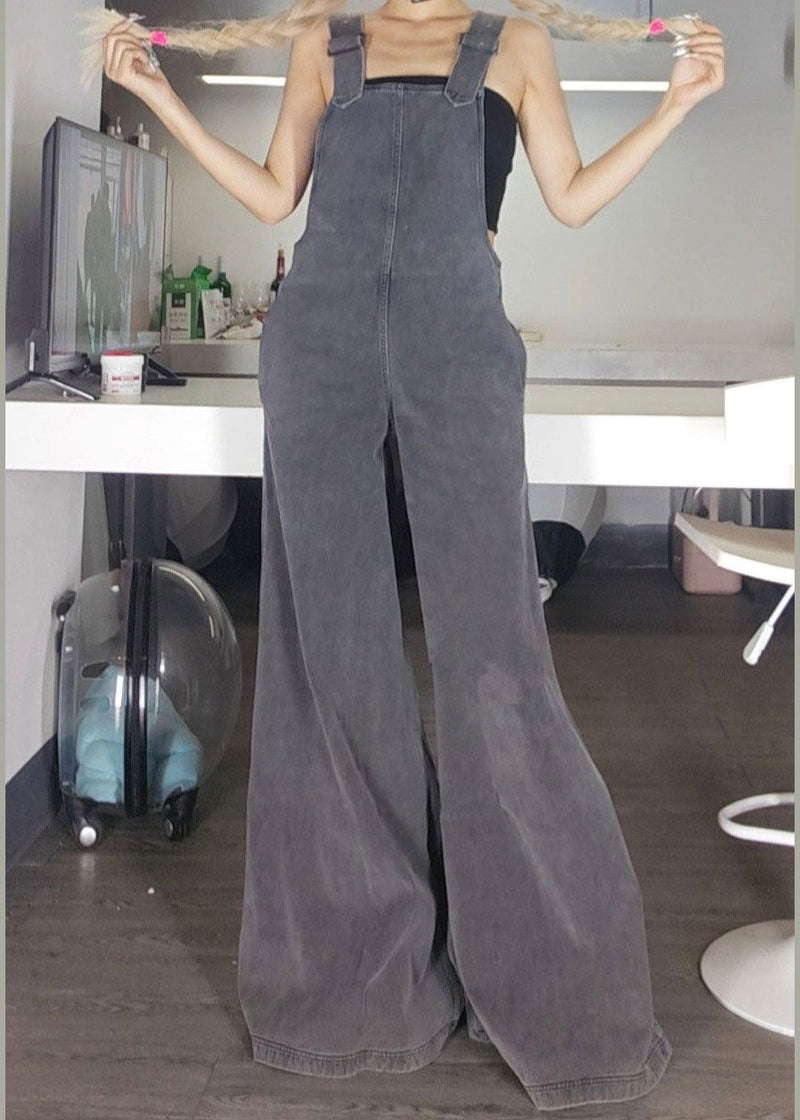 New Grey Zippered Pockets Denim Jumpsuit Sleeveless Az1051