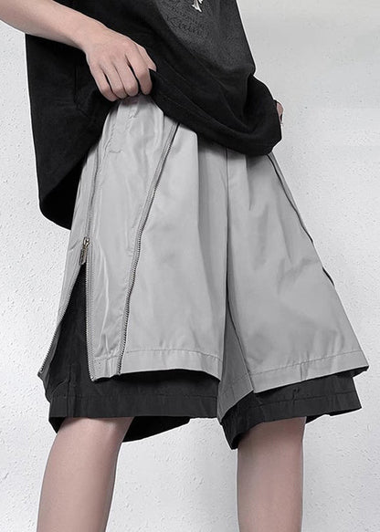 New Grey Zippered Pockets Fake Two Pieces Pants Summer Yt088
