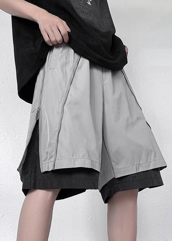 New Grey Zippered Pockets Fake Two Pieces Pants Summer Yt088