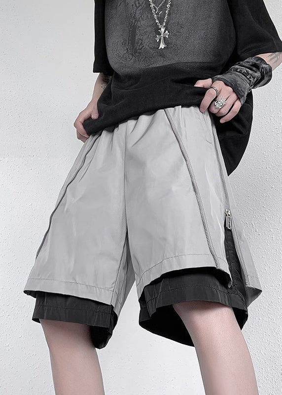 New Grey Zippered Pockets Fake Two Pieces Pants Summer Yt088