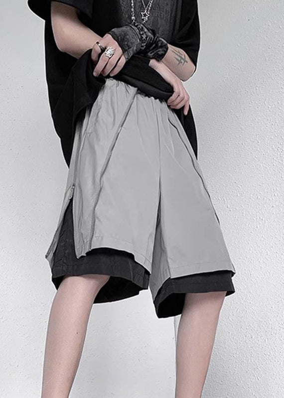 New Grey Zippered Pockets Fake Two Pieces Pants Summer Yt088