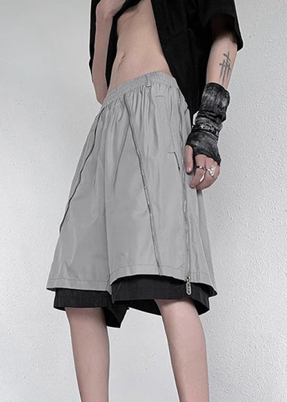 New Grey Zippered Pockets Fake Two Pieces Pants Summer Yt088