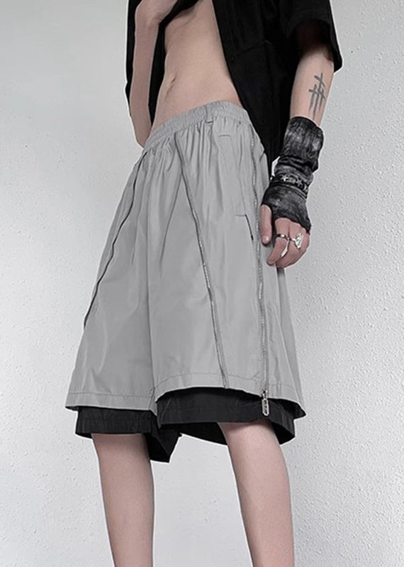 New Grey Zippered Pockets Fake Two Pieces Pants Summer Yt088