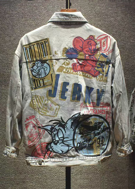 New Hole Print Pockets Denim Coat Fall Wa021