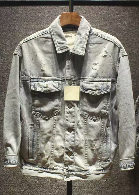 New Hole Print Pockets Denim Coat Fall Wa021