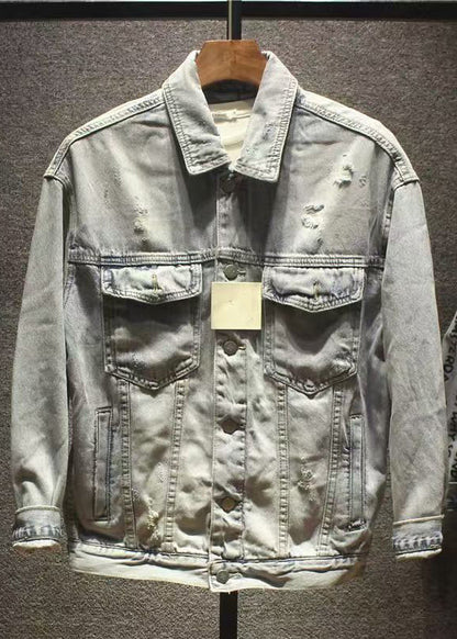 New Hole Print Pockets Denim Coat Fall Wa021