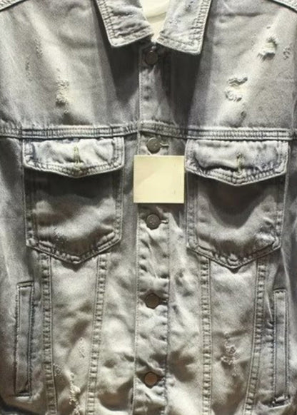 New Hole Print Pockets Denim Coat Fall Wa021