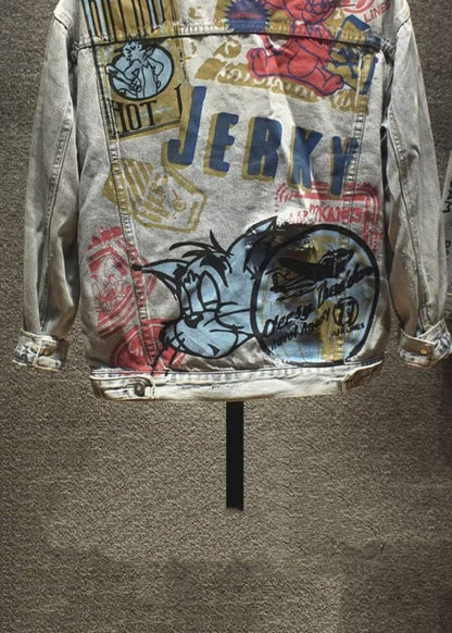 New Hole Print Pockets Denim Coat Fall Wa021