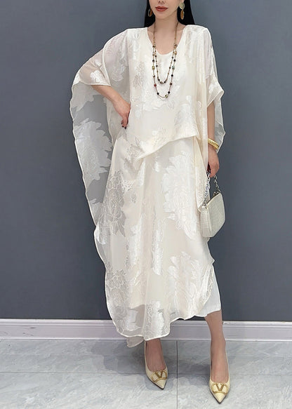 New Jacquard White Silk Maxi Dresses Summer Ay1056