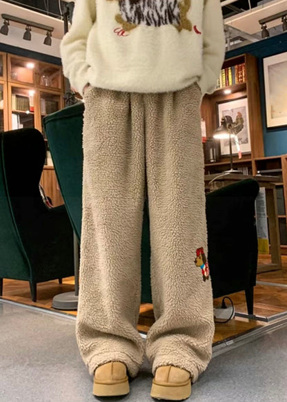 New Khaki Animal Pockets Teddy Faux Fur Pants Winter Rm058