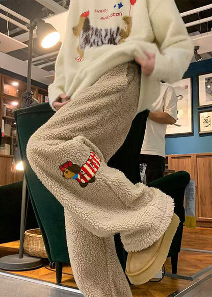 New Khaki Animal Pockets Teddy Faux Fur Pants Winter Rm058