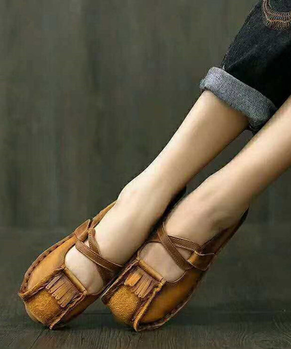 New Khaki Buckle Strap Cowhide Leather Flats Shoes Rt1050