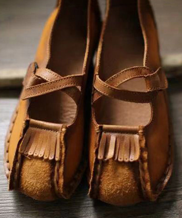 New Khaki Buckle Strap Cowhide Leather Flats Shoes Rt1050