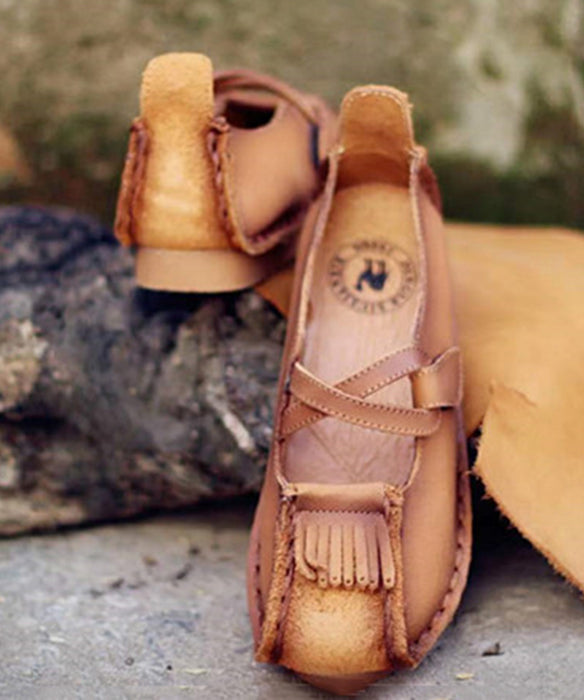 New Khaki Buckle Strap Cowhide Leather Flats Shoes Rt1050
