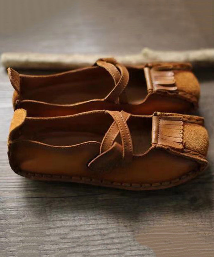 New Khaki Buckle Strap Cowhide Leather Flats Shoes Rt1050