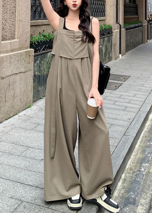 New Khaki Button High Waist Cotton Jumpsuits Sleeveless Xx027