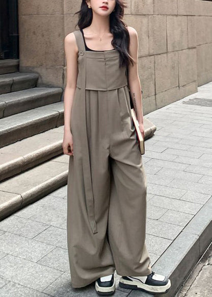 New Khaki Button High Waist Cotton Jumpsuits Sleeveless Xx027