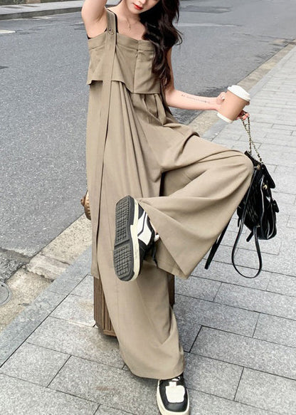 New Khaki Button High Waist Cotton Jumpsuits Sleeveless Xx027