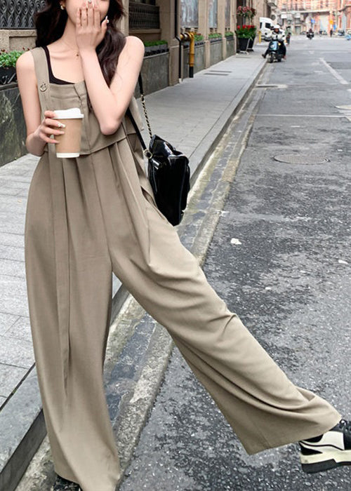 New Khaki Button High Waist Cotton Jumpsuits Sleeveless Xx027