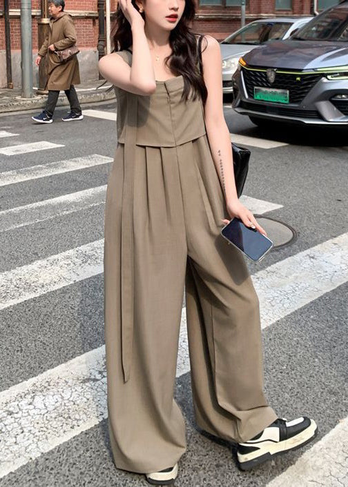 New Khaki Button High Waist Cotton Jumpsuits Sleeveless Xx027