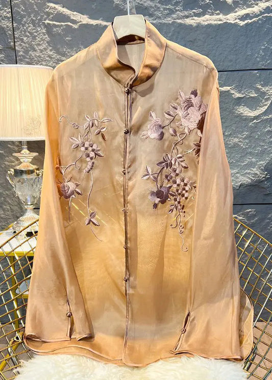 New Khaki Embroidered Button Tulle Blouses Long Sleeve Cg1007